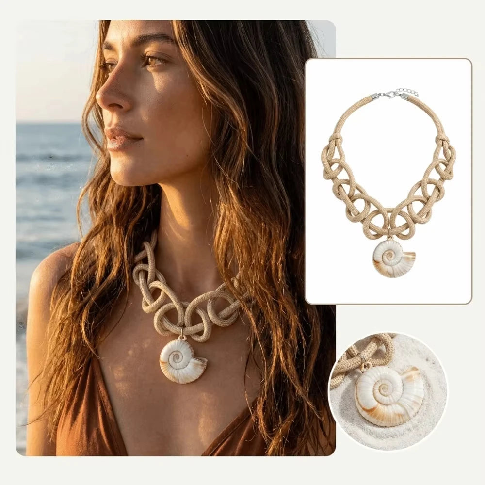 FTCY Bohemian Khaki Woven Thick Rope Necklace For Women Chunky Conch Pendant Choker additional angle