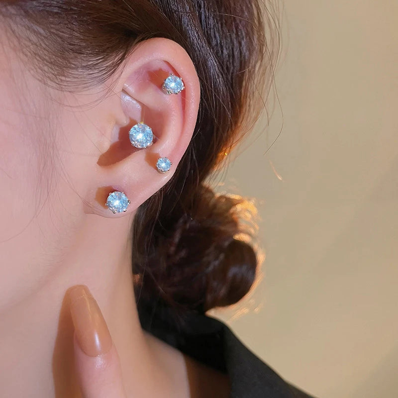 1 Pc Stainless Steel Unisex Women Men Round Crystal Zircon Ear Studs Earrings 4 Prong lifestyle view