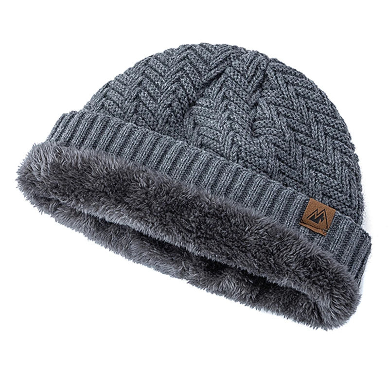 Unisex Peak Labal Winter Hat | Warm Knitted Beanie with Plush Fur Lining close-up view