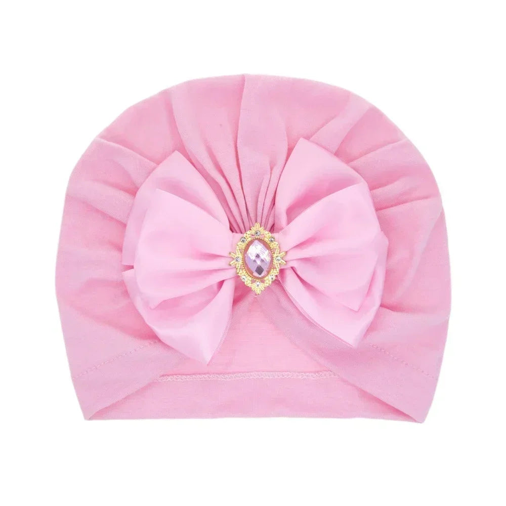 Baby Girl Bowknot Turban Hat with Rhinestone | Soft Knit Headwear for Infants additional angle