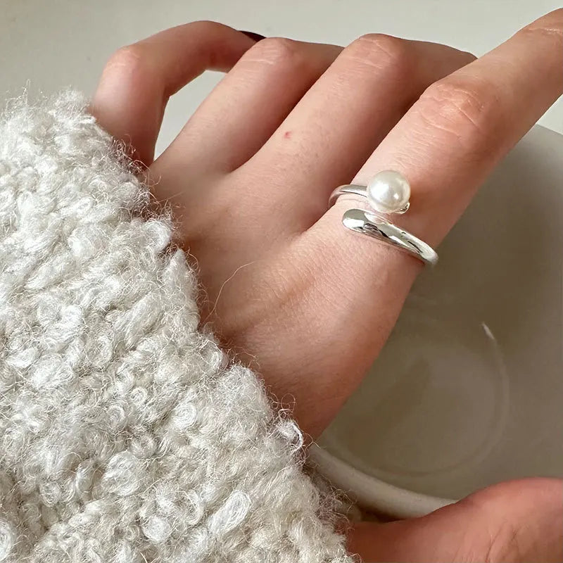 PANJBJ 925 Sterling Silver Pearl Irregular Ring for Women Shell Overlapping Hollow Sw lifestyle view