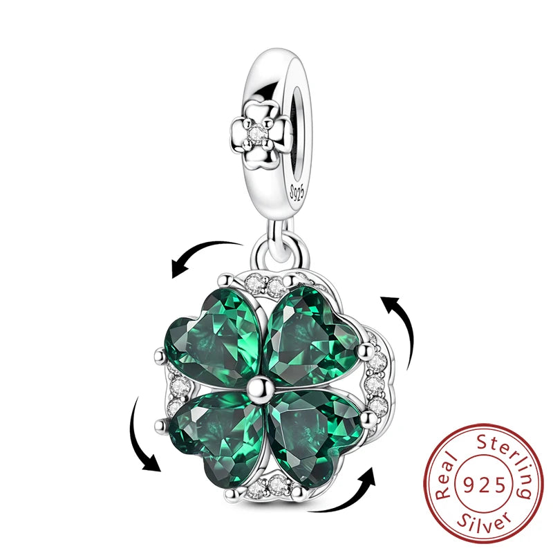 925 Sterling Silver Pendant Charms Beads Green Four-leaf Clover Love Family Tree Charm close-up view