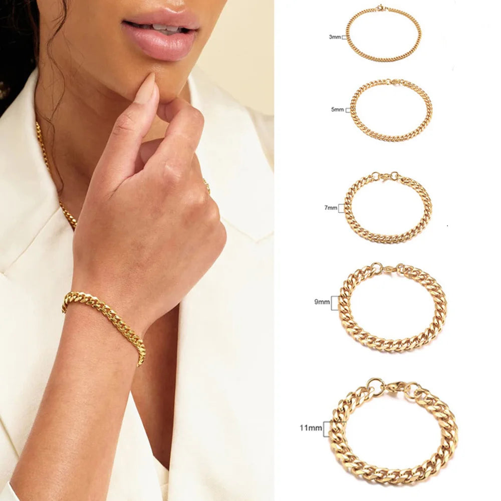 Stainless Steel Chain Bracelet Women, 3mm to 9mm Curb Cuban Chain Bangle Gold Color U alternate view