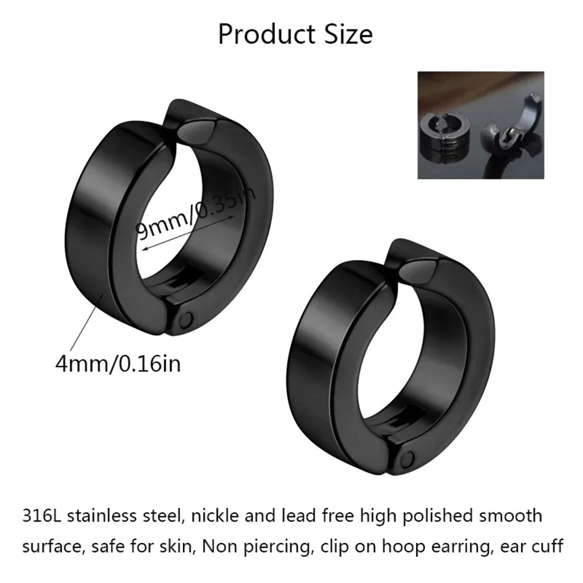 Stainless Steel Cuff Earrings for Men | Non Piercing Clip On Hoop Set detail view