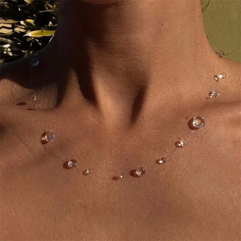 Simple Transparent Water Drop Clavicle Chain Thin Rope Beaded Tassel Earrings Necklace B detail view