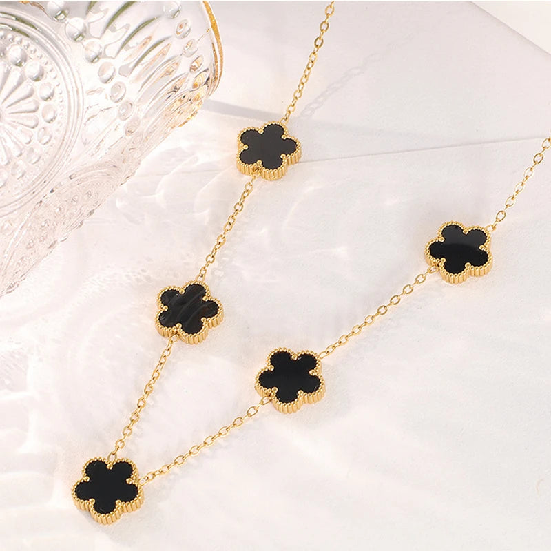 14K Gold Plated Stainless Steel Necklace Woman Five Leaf Petals Double Sided Necklace lifestyle view