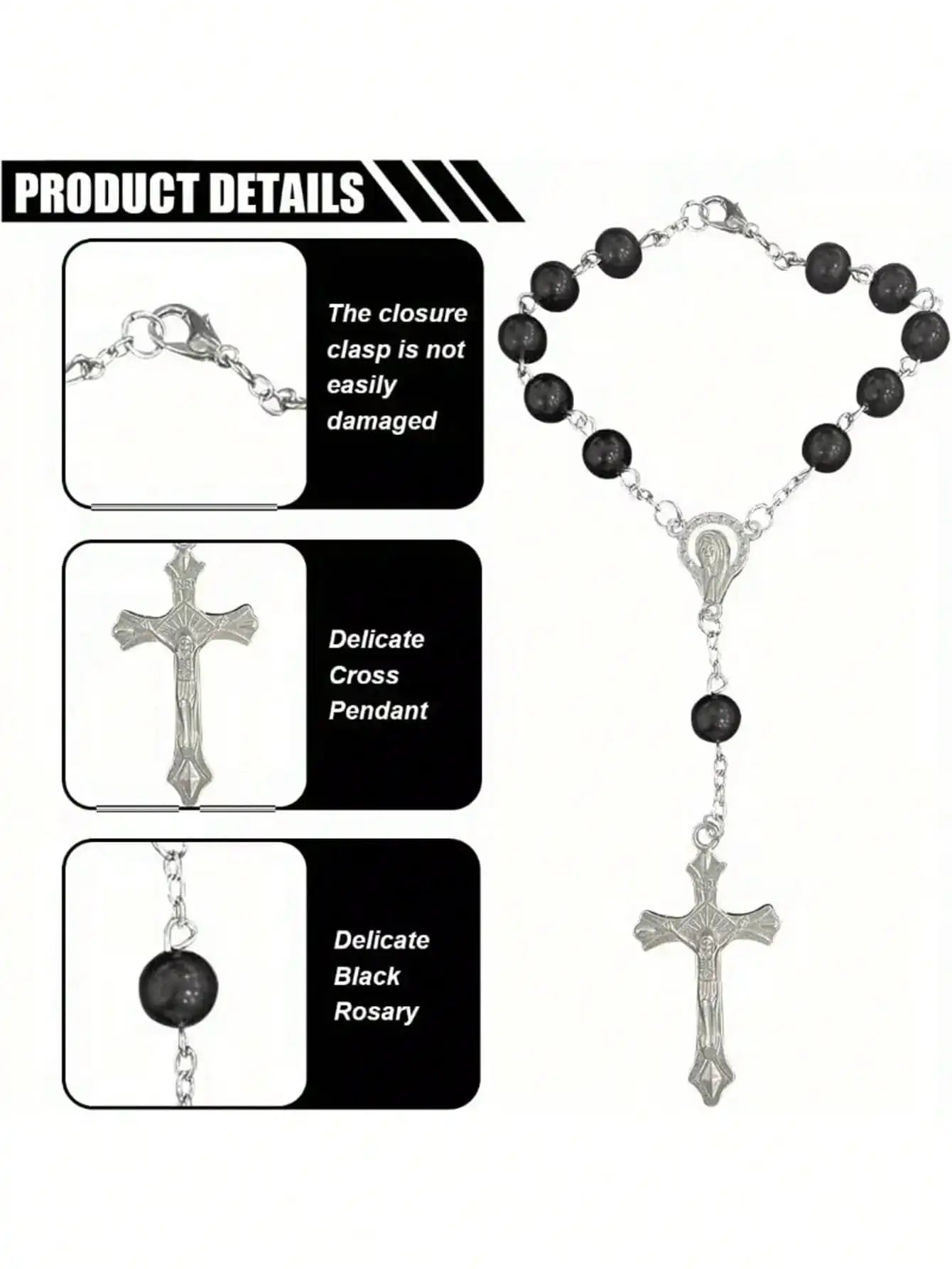 Black Rosary Cross Car Rearview Mirror Pendant, Exquisite Beaded Ornament, Car Interi alternate view