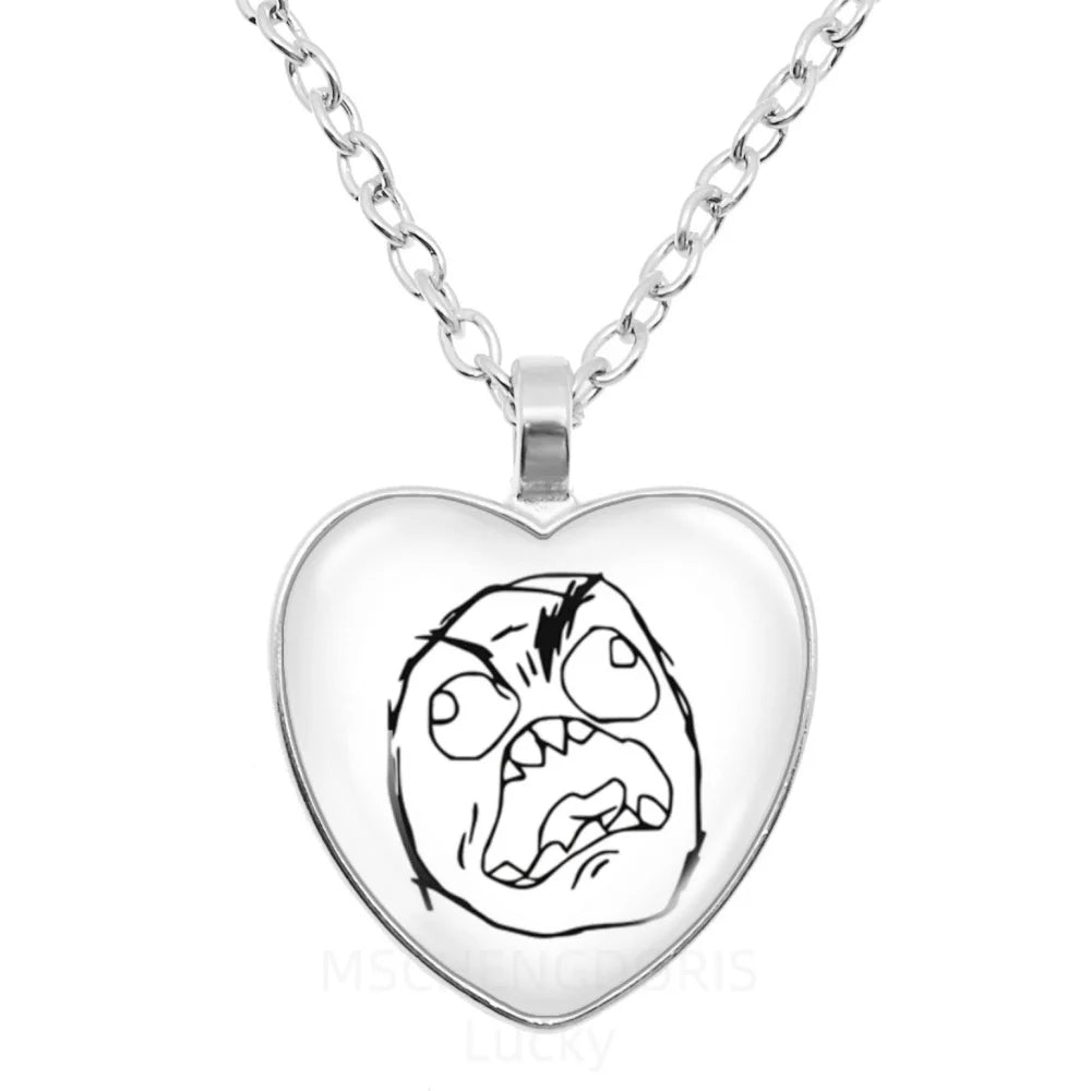 Rage Comic Necklace Derp Face Trollface Funny Meme Cartoon Glass Heart Shape Pendant lifestyle view