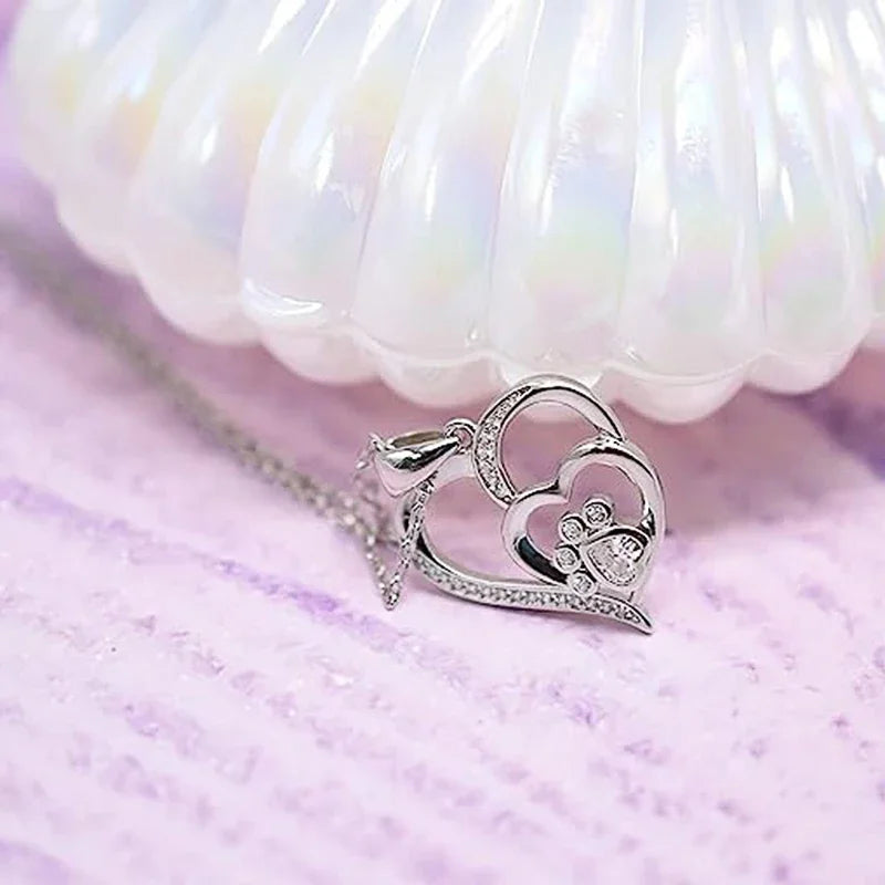 Huitan Sweet Paw Print Shaped Women Pendant Necklace Double Heart Elegant Accessories In detail view