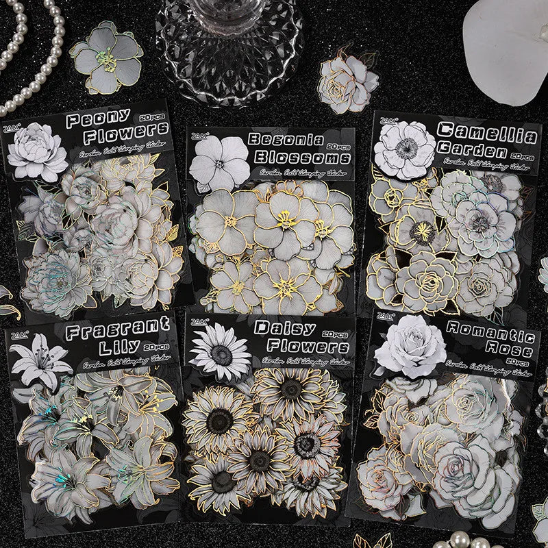 20pcs Flowers Gold Foil Stickers Set | PET Stickers Pack for Scrapbooking, Junk Journals, and Collag