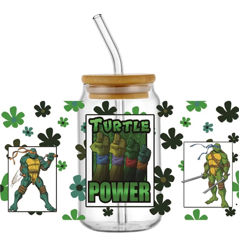 Cartoon Turtle Decal Stickers | Waterproof UV DTF Wrap for 16oz Libbey Glass detail view