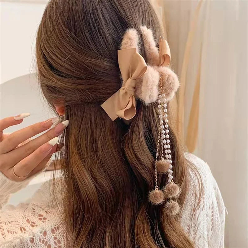 New Fashion Women Soft Plush Bow Pearl Tassel Hair Claw Clips Elegant Hair Clips Headwear