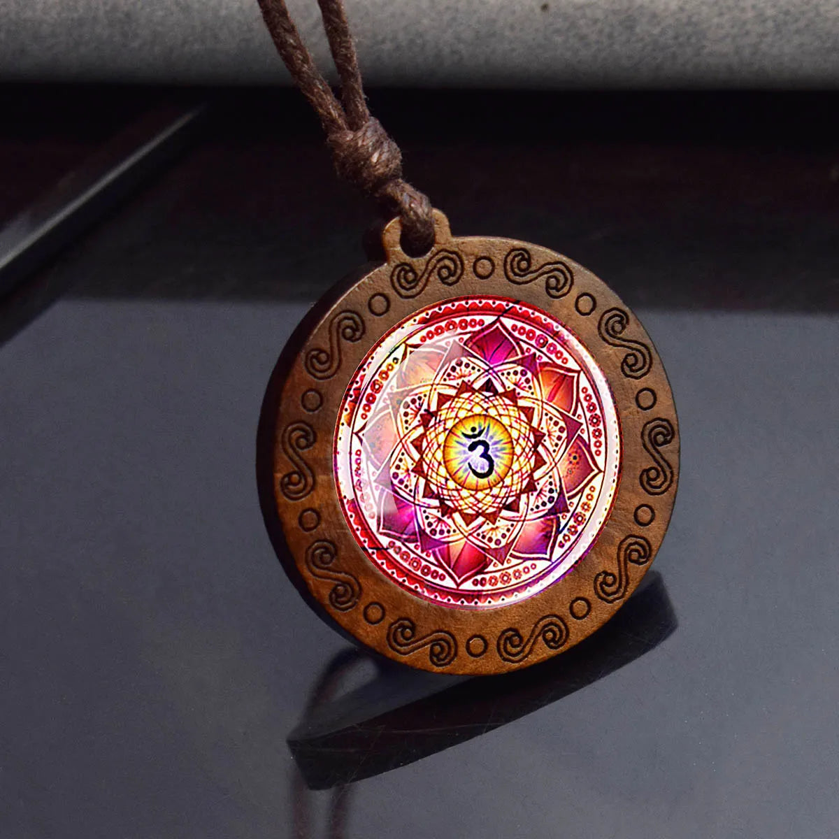 7Chakra Symbol Necklace Yoga Meditation Glass Dome Vintage Wooden Pendant Rope Chains close-up view