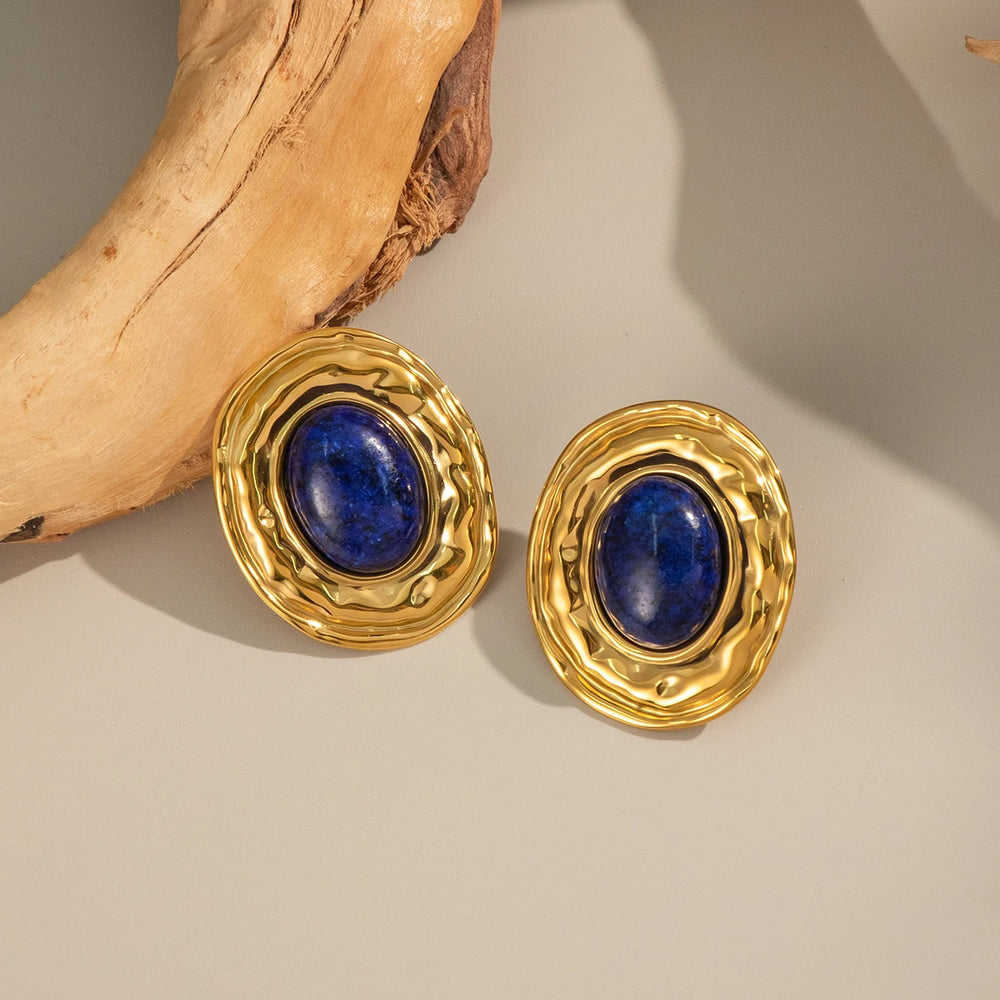 Vintage Oval Stud Earrings | 18K Gold Plated Stainless Steel Natural Stone Jewelry additional angle