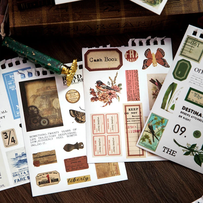 Vintage Collage Paper Stickers | 50 Sheets Retro Washi Tape Sticker Pack close-up view