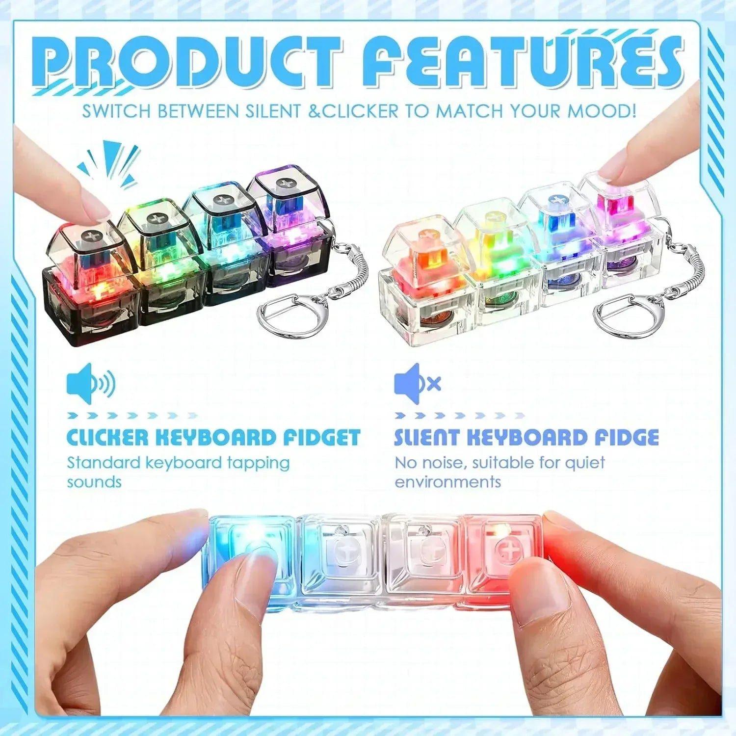 Portable LED Keyboard Keychain Click Button Stress Reliever Desk Accessory