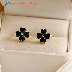 Fashion Black Mini Four-Leaf Flower Stud Earrings Women Jewelry Party Accessories Gifts