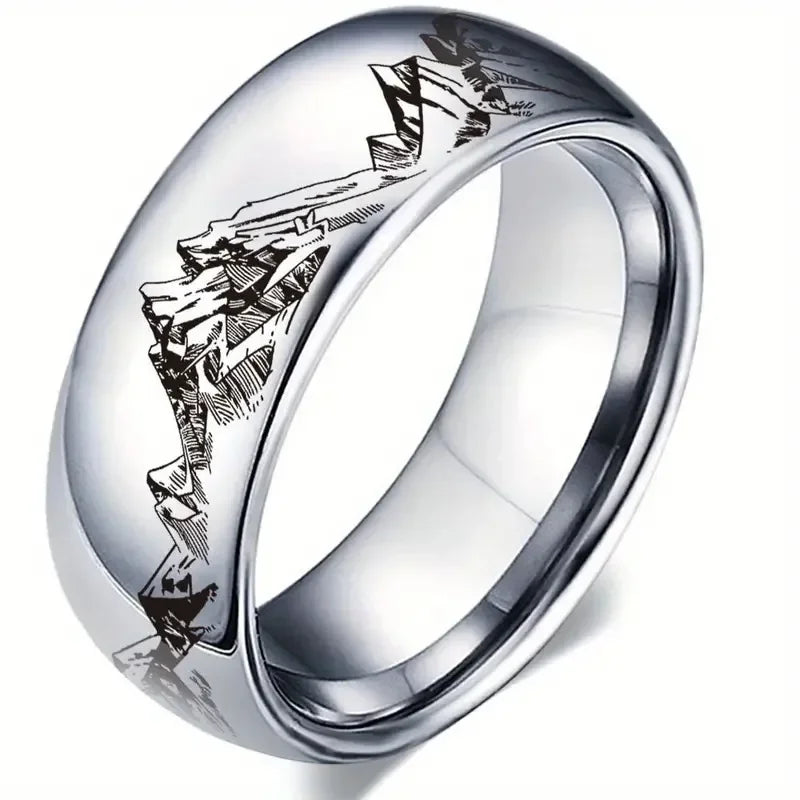8MM Fashion Mountain Men Stainless Steel Jewelry Wedding Band Steel Rings Women Men additional angle