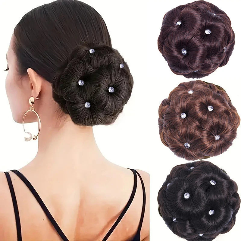 Synthetic Hair Bun Bud Hair Clips With Rhinestones Colorful Shiny For Women Ponytail alternate view