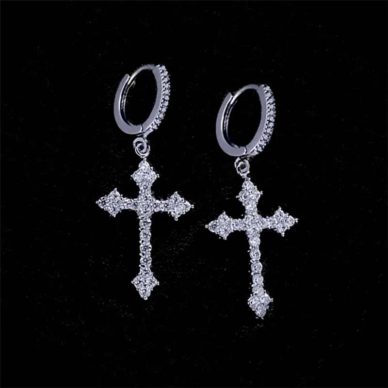 Korean Sliver Color Zircon Cross-Shape Drop Earrings | Punk Hip Hop Crystal Pendant Earr detail view