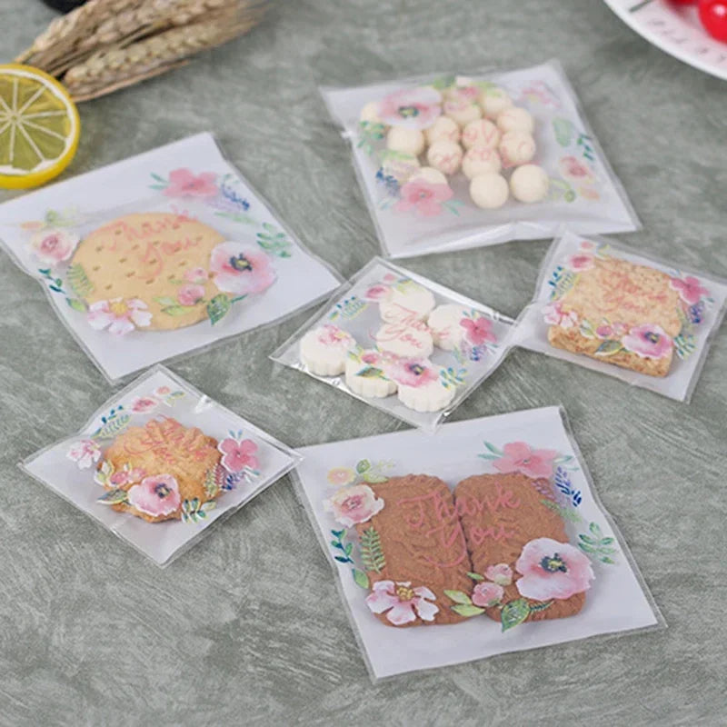 100pcs/lot Plastic Bags Thank you Flower Self-Adhesive Bags for Homemade Cookie Party lifestyle view