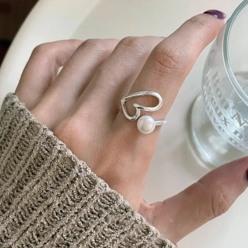 PANJBJ 925 Sterling Silver Pearl Irregular Ring for Women Shell Overlapping Hollow Sw lifestyle view