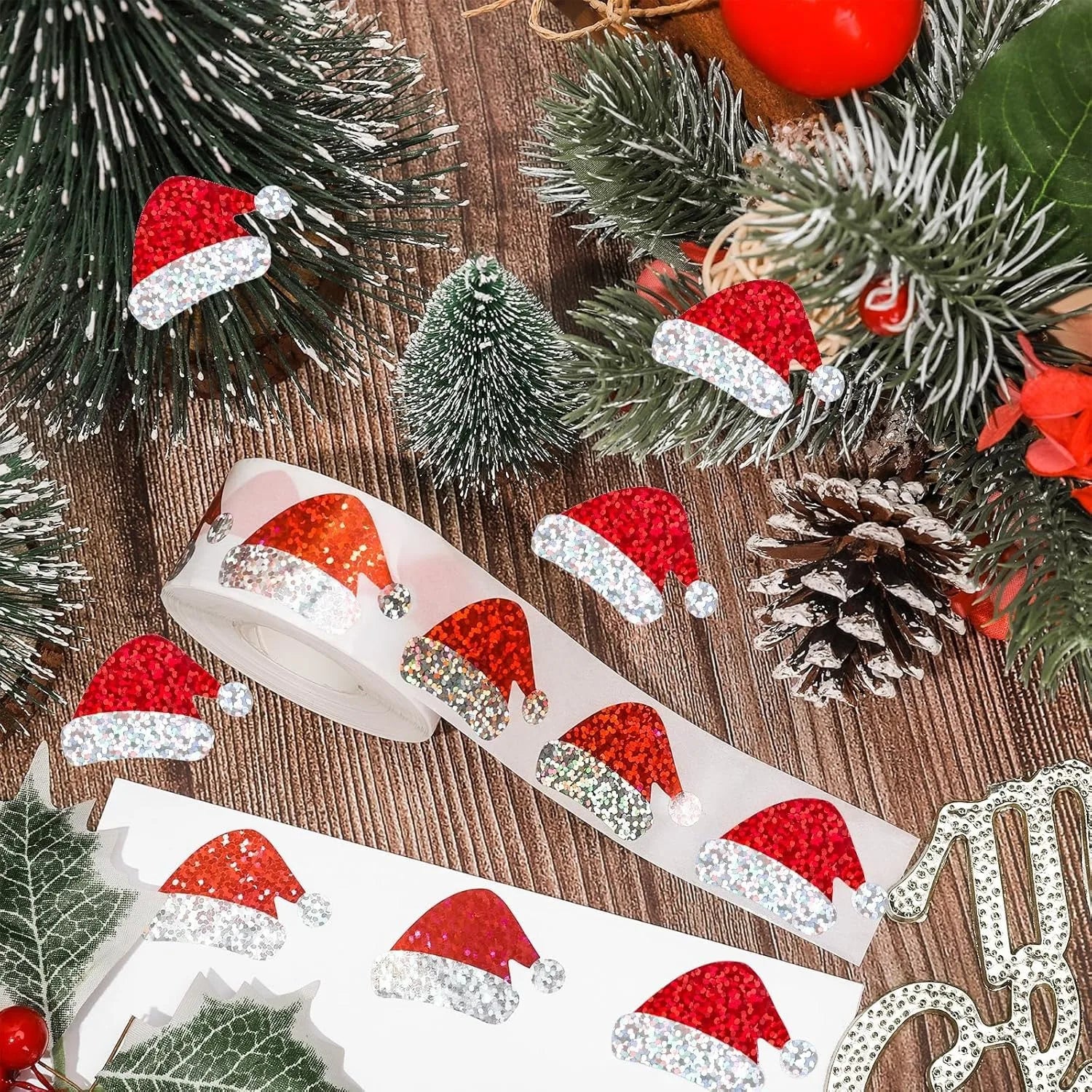 500Pcs Christmas Hat Stickers Roll | Laser Red Santa Hat Seal Stickers for Envelopes and detail view