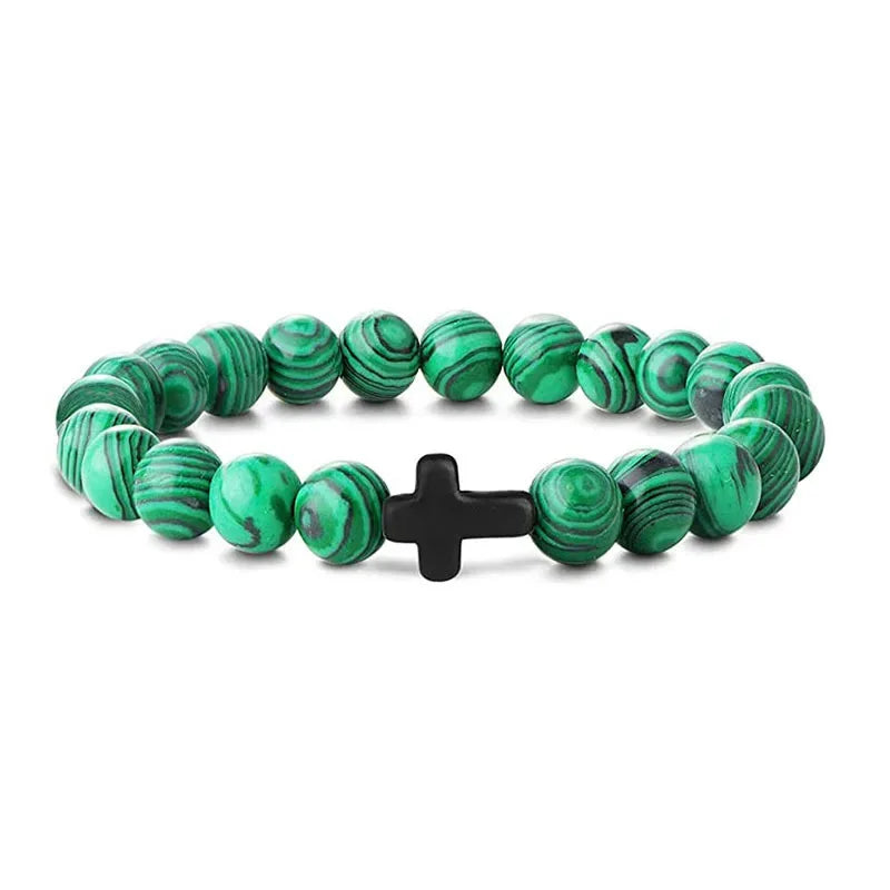 Prayer Men Natural Stone Wood Beads Rosary Hematite Cross Bracelets Onyx Meditation Brac detail view