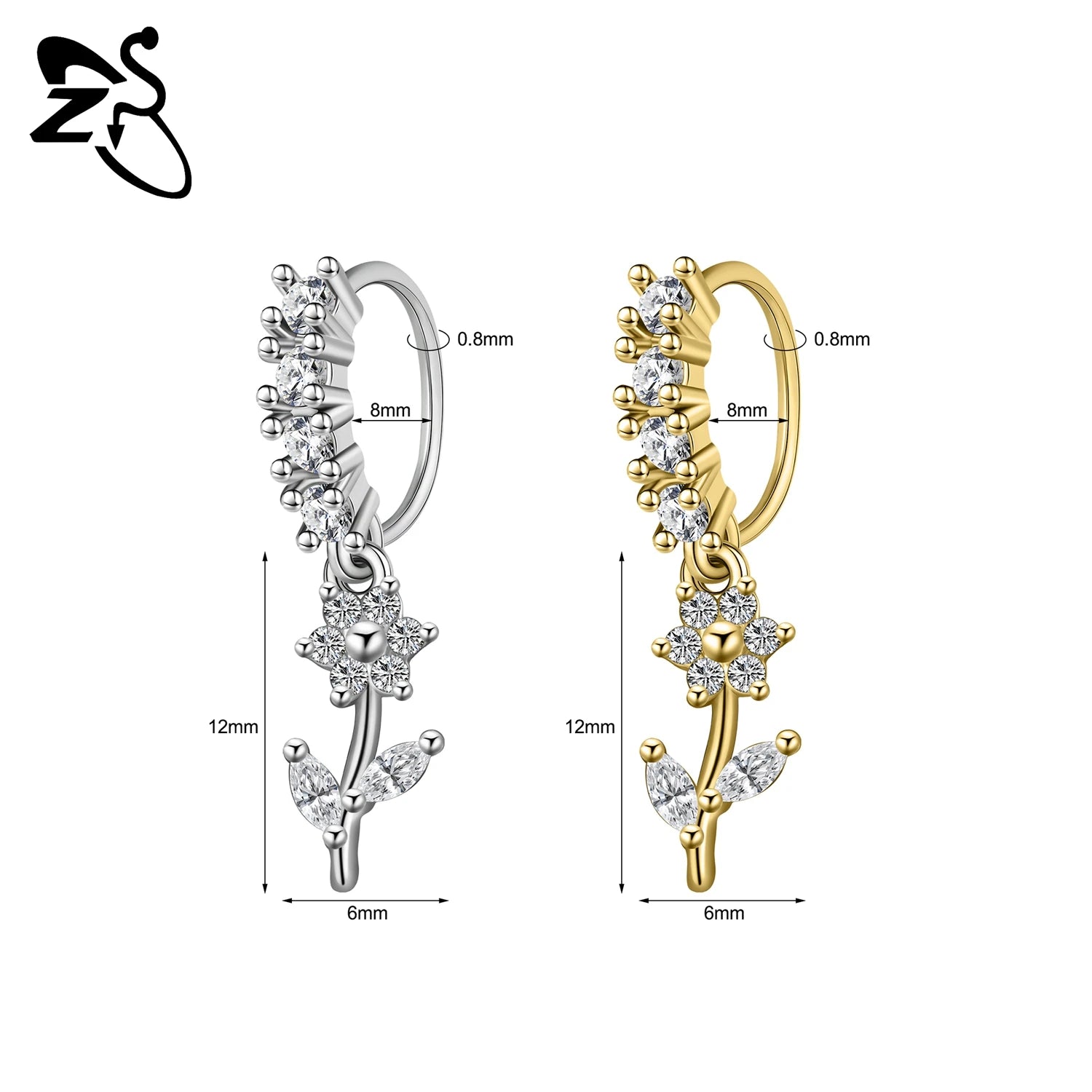 ZS 1 Piece 20G Trendy Hoop Nose Rings Women Moon Star Flower Pendant Septum Piercin additional angle