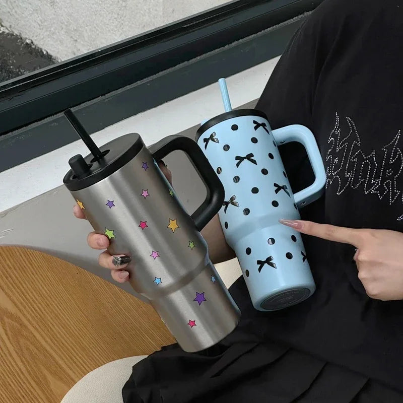 24oz Portability Tumbler with Handle Straw Lid Large Volume Stainless Steel Vacuum In lifestyle view