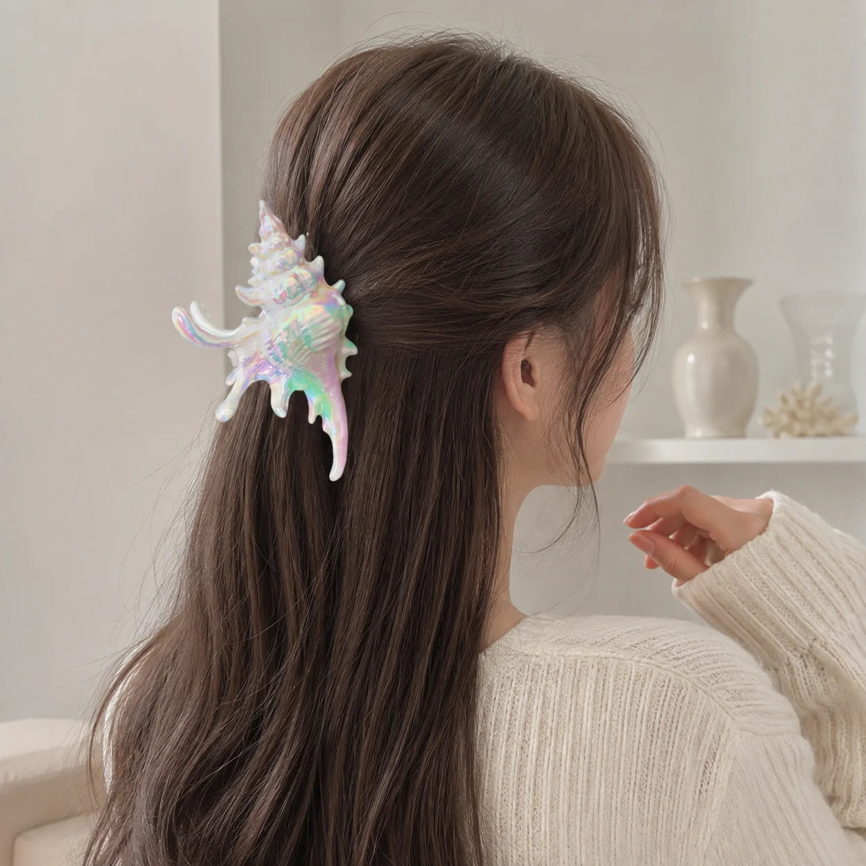 Conch Shell Hair Claw Clip for Women PC Electroplated Iridescent Mermaid Beach Large Non detail view