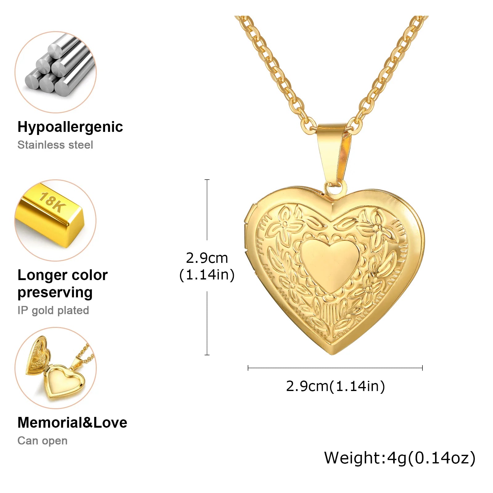 Vnox Light Heart Locket Pendants for Women Men Openable Photo Frame Glossy Stainless lifestyle view