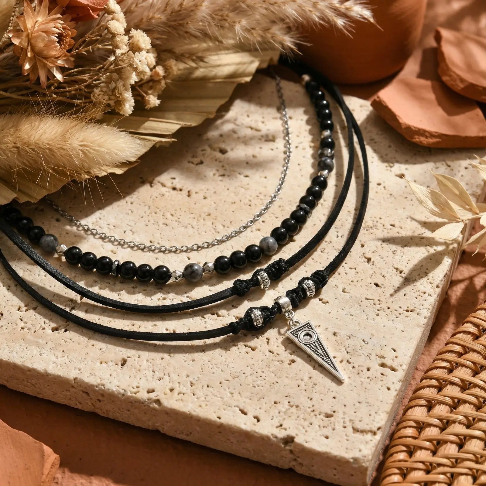 Vnox Metal Triangle Pendant Black Onyx Beaded Layered Leather Necklace for Men Women, close-up view