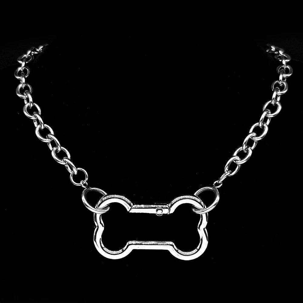 Punk Dog Bone Pendant Necklace | Stainless Steel Silver Goth Choker detail view