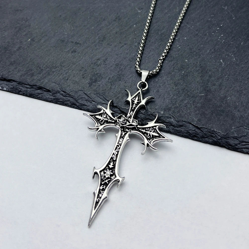 Gothic Double Sided Cross Pendant Necklace | Niche Hip Hop Punk Jewelry detail view