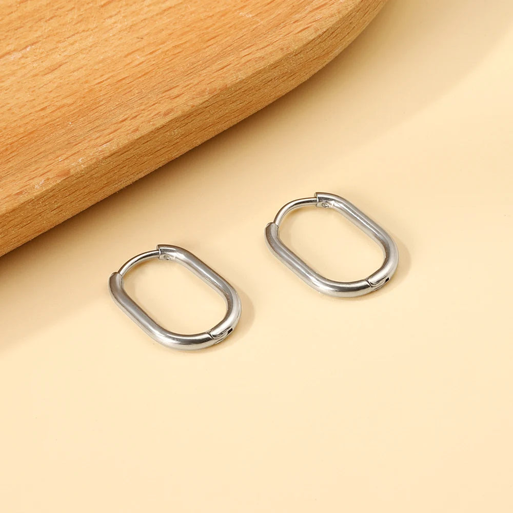 LUXUSTEEL Golden Plated Geometric Oval Hoop Earrings | Unisex Fashion Earrings additional angle