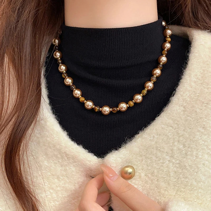 Warm Tiger's Eye Pearl Bead Necklace | Classic Sweater Chain Jewelry detail view