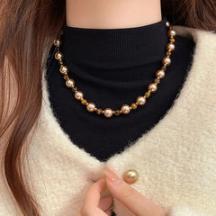 Warm Tiger's Eye Pearl Bead Necklace | Classic Sweater Chain Jewelry detail view