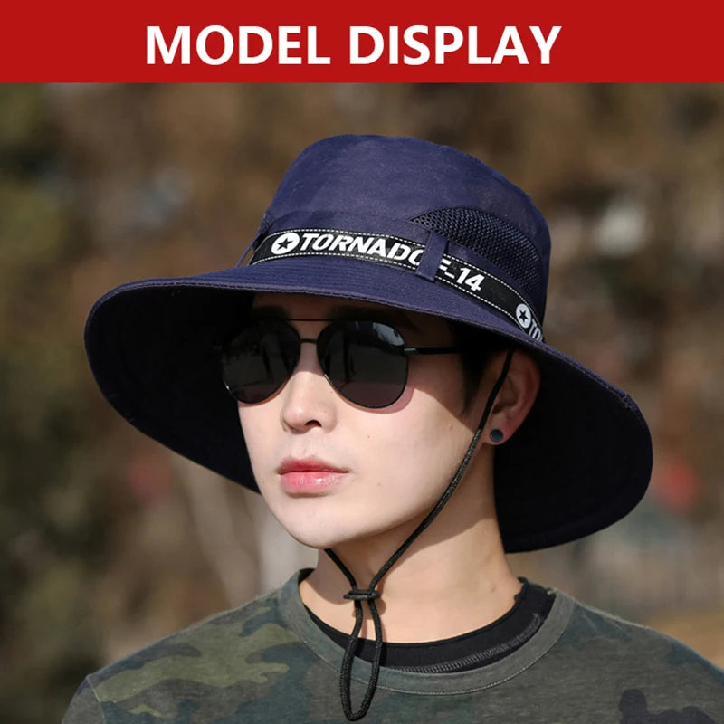 Windproof Men Outdoor Hat | Wide Brim Flat Top Fisherman Hat with Letter Print and additional angle