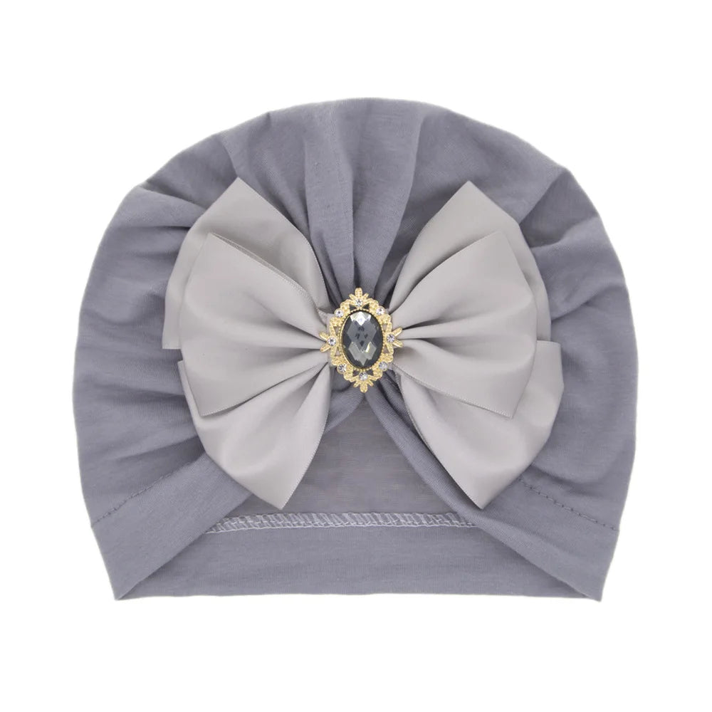 Solid Color Baby Turban Bow Beanie with Rhinestone | Handmade Infant Cap for Girls 0-2 Y detail view