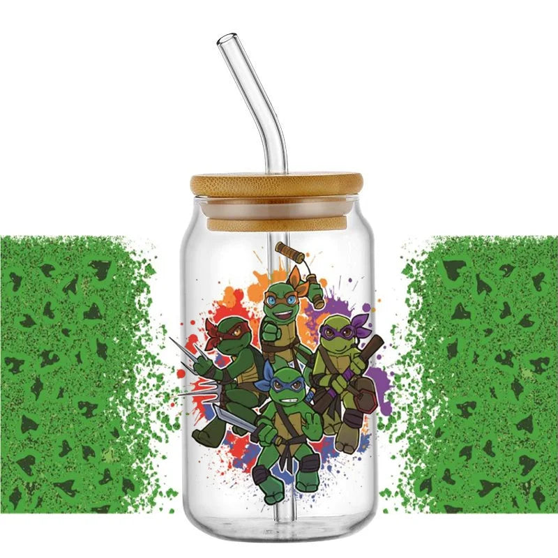 Cartoon Turtle Decal Stickers | Waterproof UV DTF Wrap for 16oz Libbey Glass additional angle