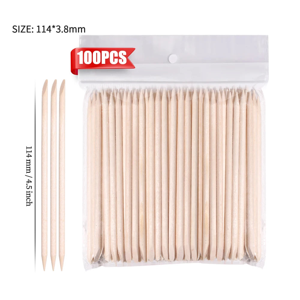 100PCS Cuticle Pusher Remover Nail Art Tools Beechwood Stick Sticks Rhinestones Pic additional angle