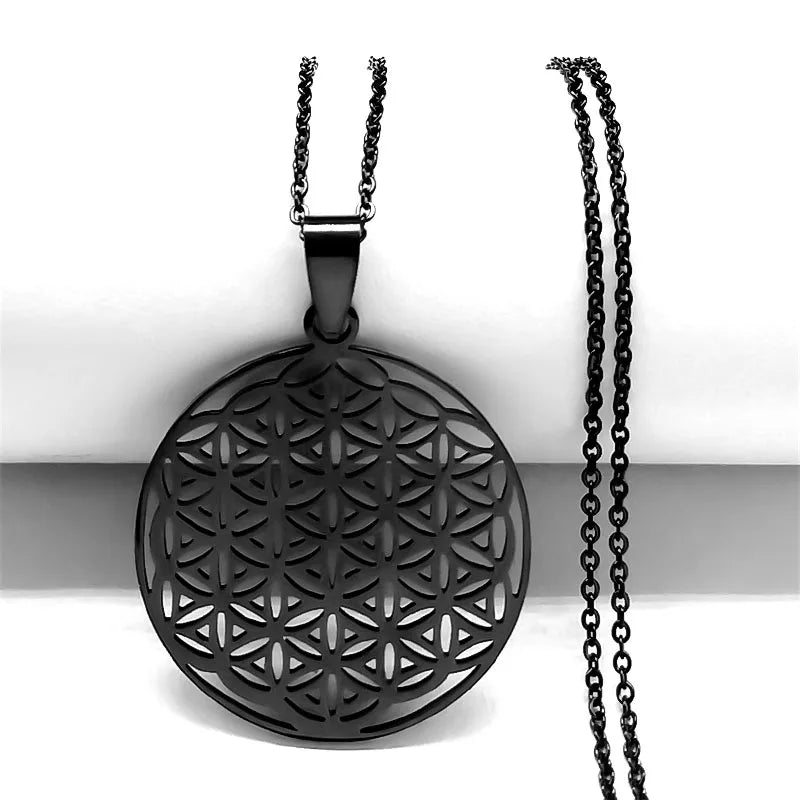 Sacred Geometry Flower of Life Necklace | Stainless Steel Mandala Pendant with Black Bea detail view