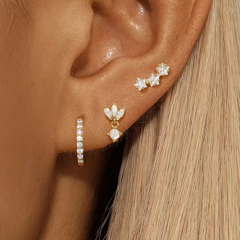3PCS Luxury Star Pendant Piercing Earrings Set For Women Stainless Steel Zircon Punk Ear Studs Earri