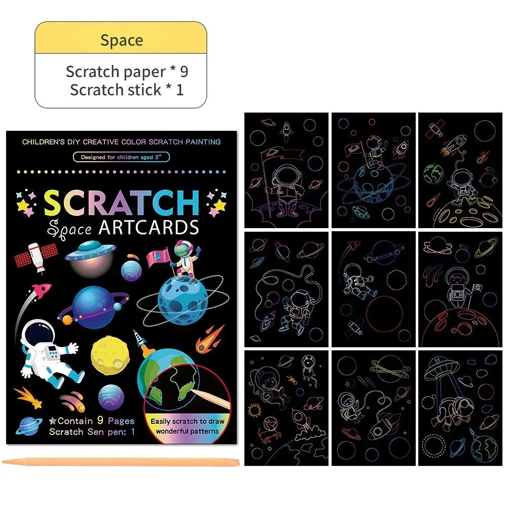 Magic Rainbow Color Scratch Art Painting Paper Card Kit Cartoon Drawing Board Coloring close-up view