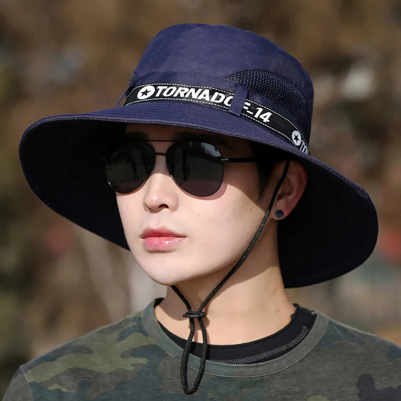 Windproof Men Outdoor Hat | Wide Brim Flat Top Fisherman Hat with Letter Print and An lifestyle view