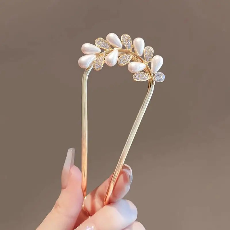 〔YS1〕Elegant Pearl Flower Hair Combs Pins French Retro Bun Hair Accessories Women Daily U-shaped Hairpin Female Alloy Hair Clasp