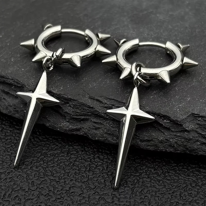 Stainless Steel Star Cross Hoop Earrings | Punk Kpop Y2K Drop Earrings for Women detail view