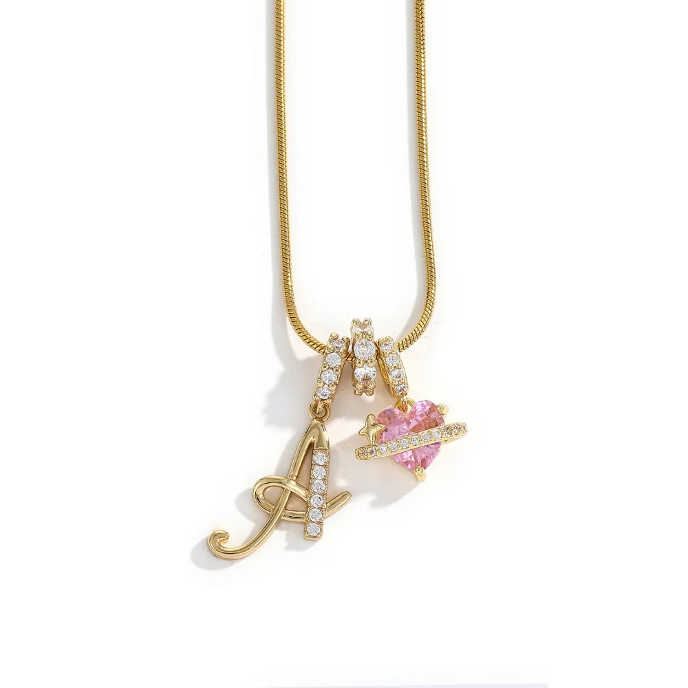 Gold Color Zircon Flower Pendant Necklace Female A-Z 26 Letter Alphabet Wedding Jewelry detail view