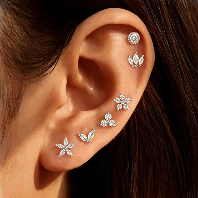 6PCS Shiny Crystal Crown Zircon Flower Stud Earrings Sets For Women Geometry Round Ear S detail view